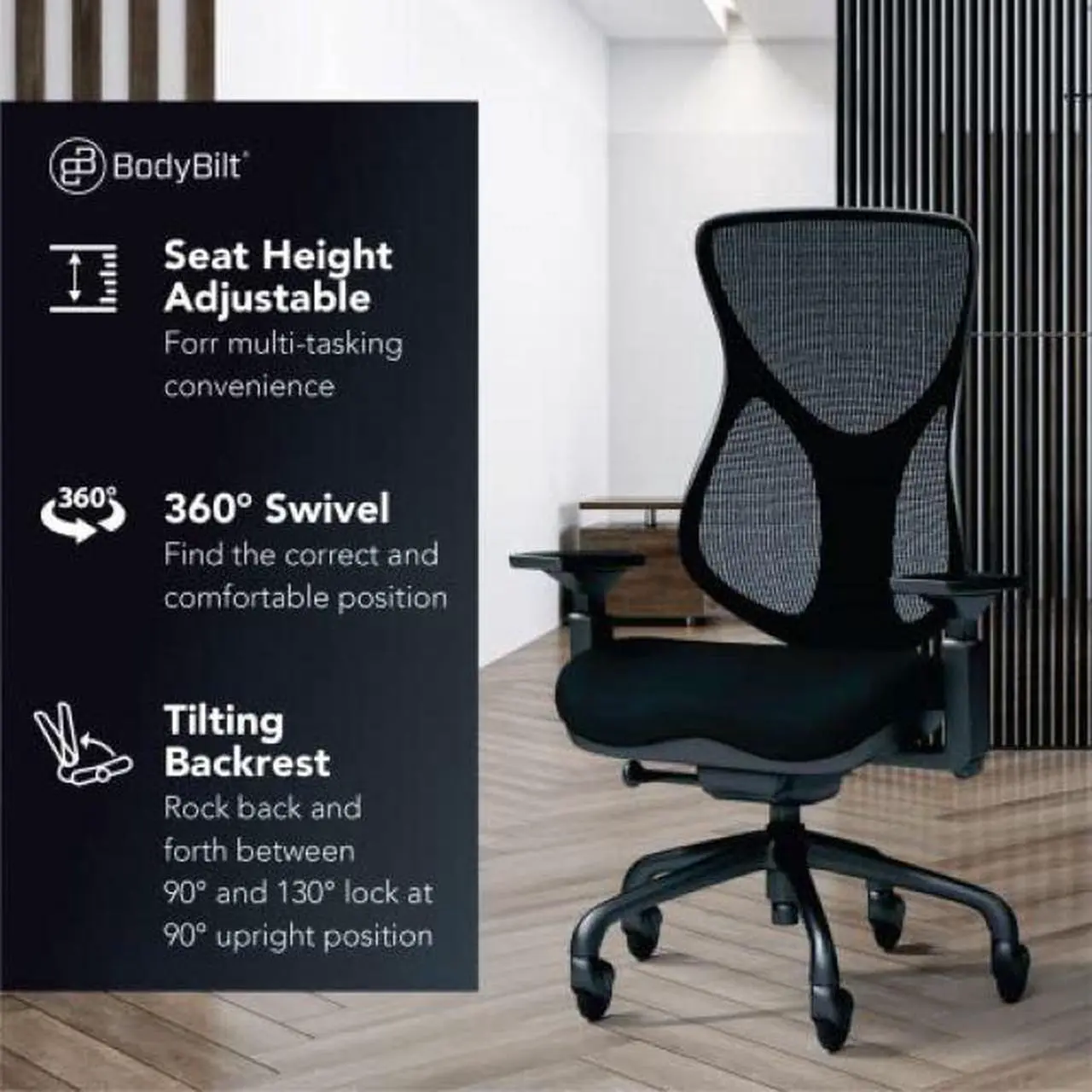 Alt view image 6 of 7 - BodyBilt® Seating E-Chair | Ergonomic Mid-Back Mesh Computer Task Chair |360° Swivel |Adjustable Arms | Quiet Smooth-Glide Wheels | Made in the USA