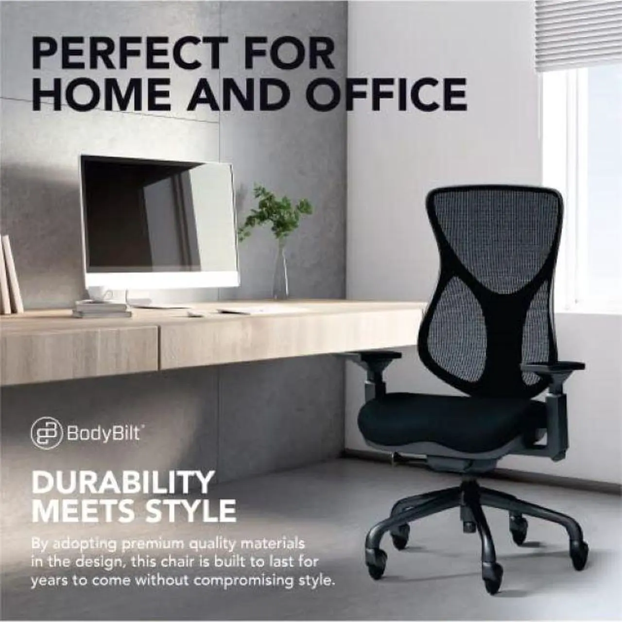 Alt view image 7 of 7 - BodyBilt® Seating E-Chair | Ergonomic Mid-Back Mesh Computer Task Chair |360° Swivel |Adjustable Arms | Quiet Smooth-Glide Wheels | Made in the USA