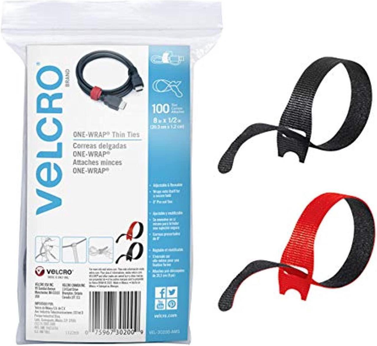 Main image of velcro brand cable ties, 100pk - 8 x 1/2" red and black, reusable alternative to zip ties, one-wrap thin pre-cut cord organization straps, wire management for office or home, vel-30200-ams, black/red