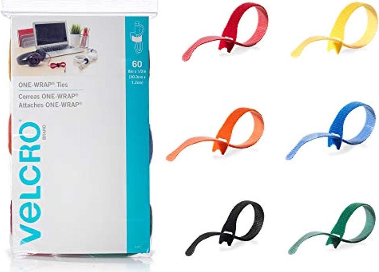 Main image of velcro brand one-wrap cable ties | 60pk | 8 x 1/2" straps, multicolor | strong reusable wire management | cord bundling for home office and data centers