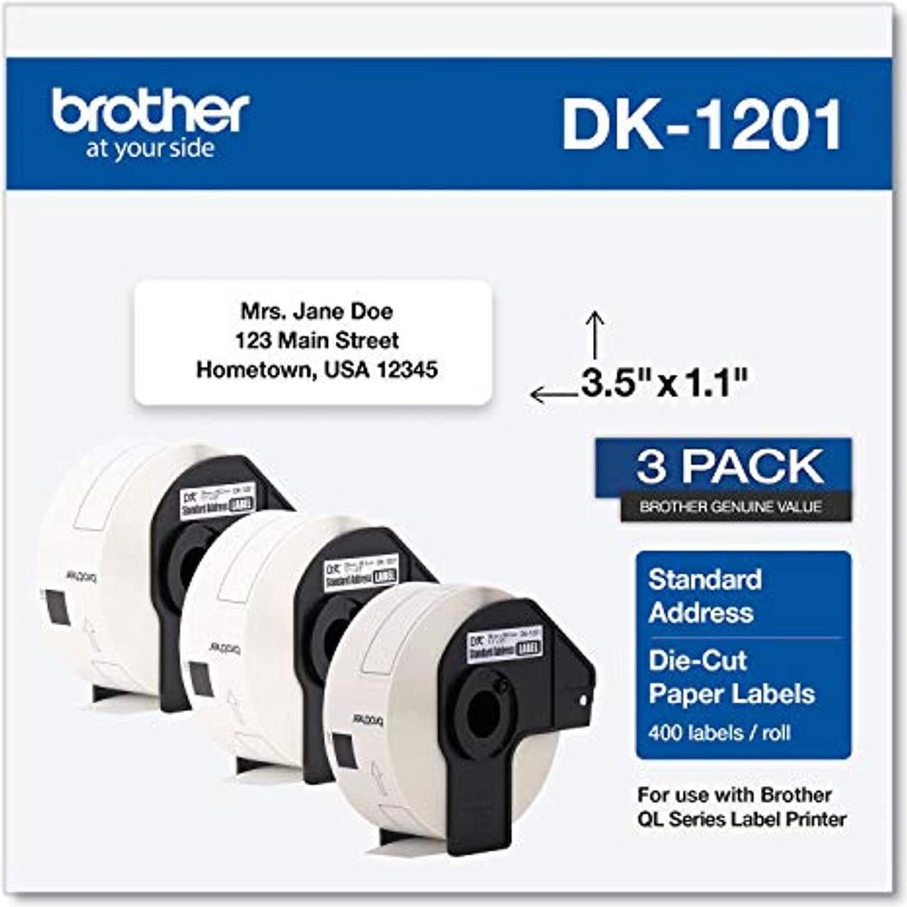 brother genuine dk-1201 die-cut standard address labels - long lasting reliability, die-cut standard address paper labels, 1.14? x 3.5? individual label size, 400 labels per roll, (1) roll per box