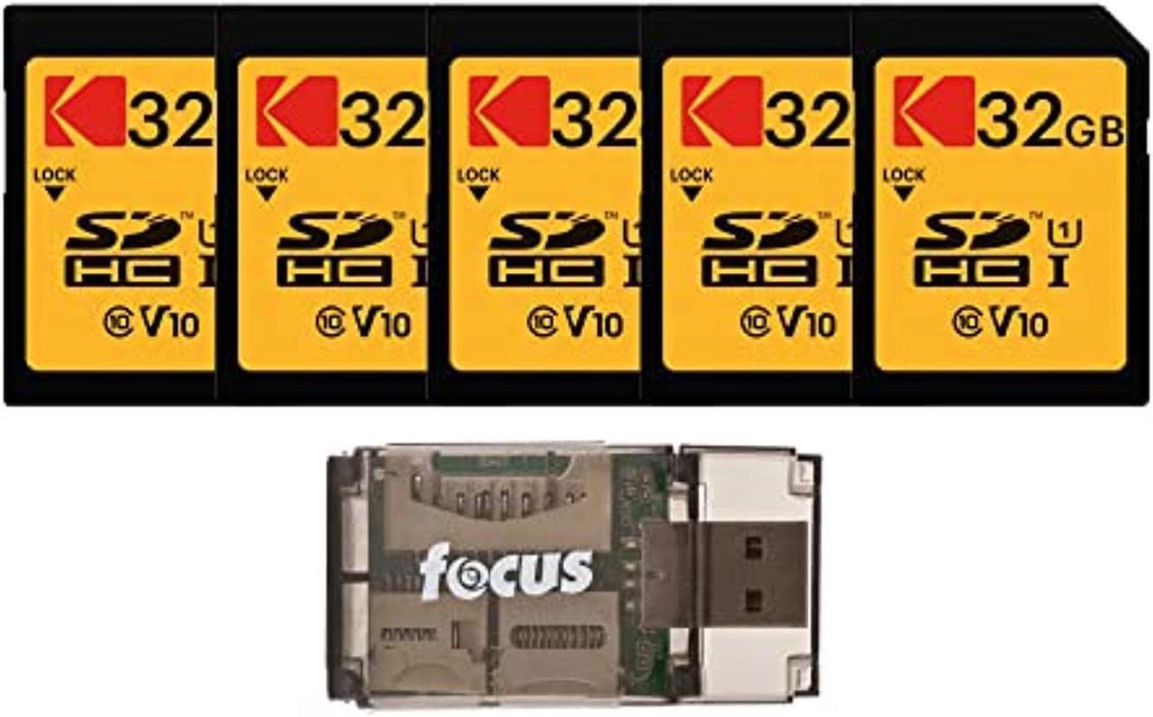 Main image of kodak 32gb class 10 uhs-i u1 sdhc memory card (5-pack) with focus all-in-one usb card reader bundle (6 items)