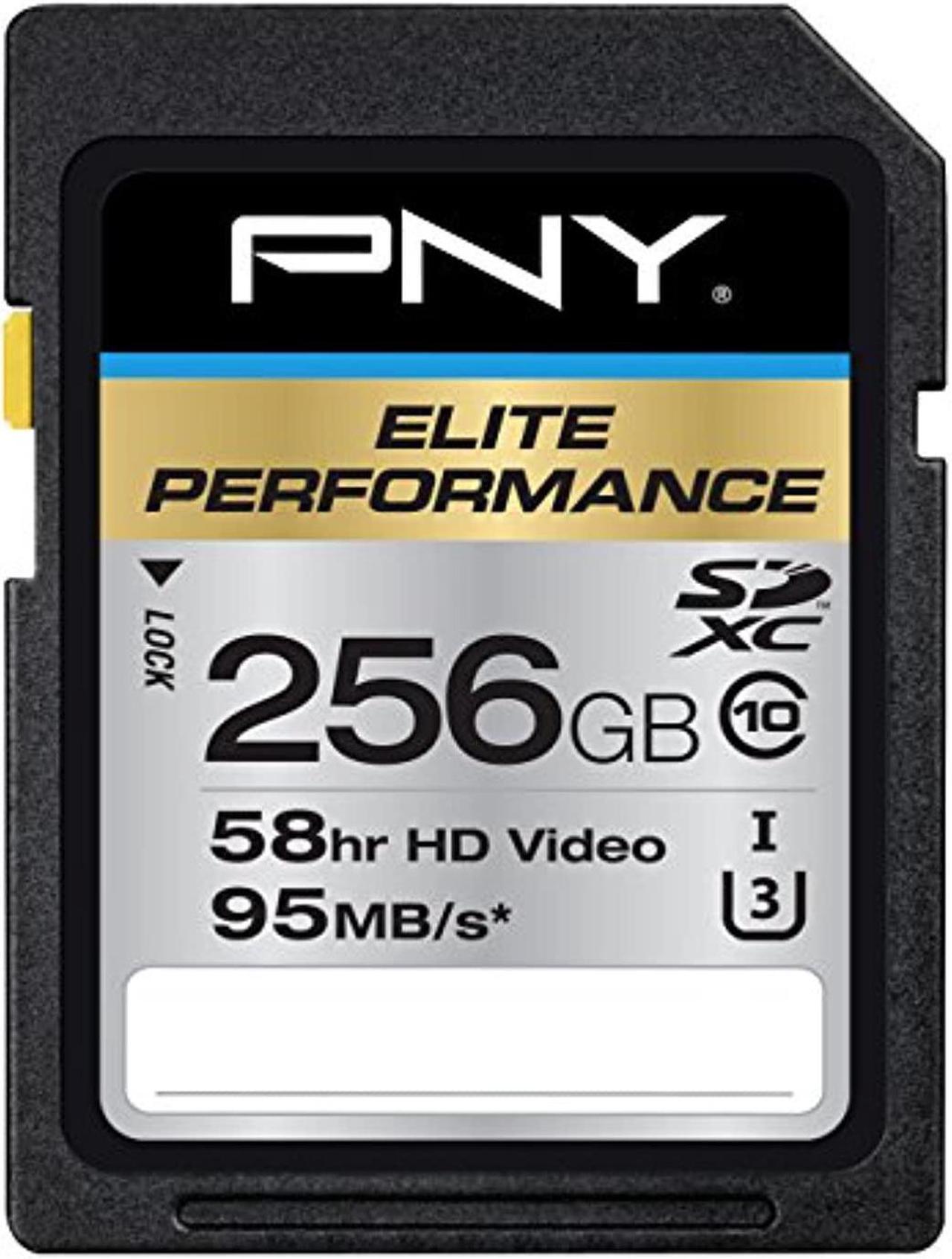 pny 256gb elite performance class 10 u3 sdxc flash memory card - 95mb/s read, class 10, u3, 4k uhd, full hd, uhs-i, full size sd