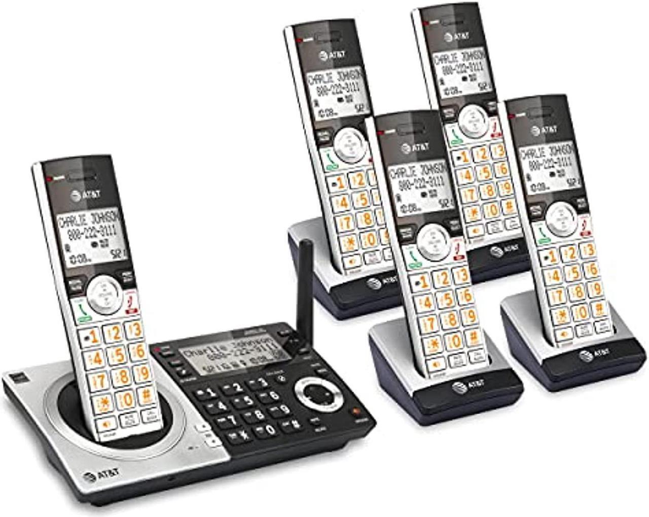 Main image of at&t cl83507 dect 6.0 5-handset cordless phone for home with dual keypad base, answering machine, call blocking, caller id announcer, intercom and long range, silver/black