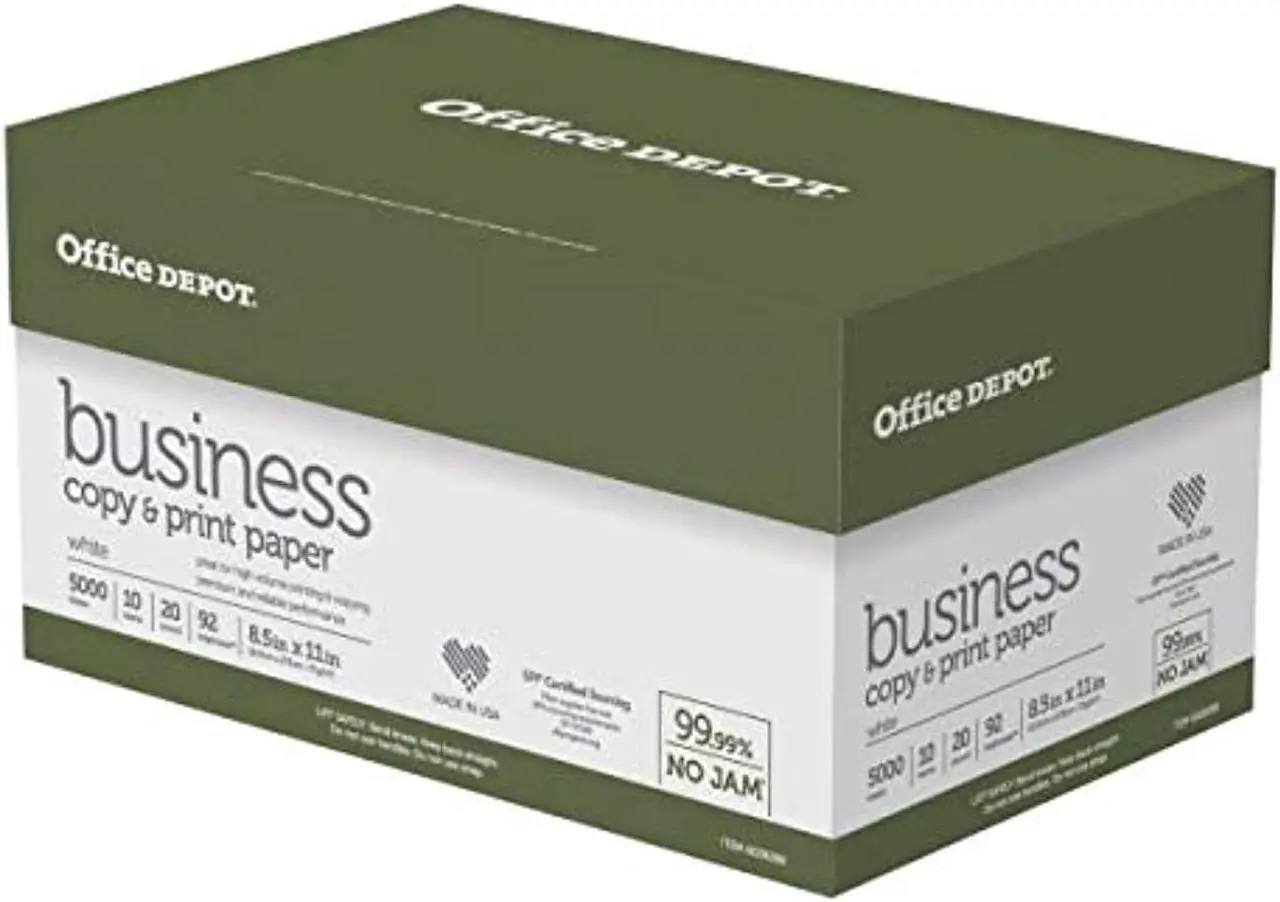 Main image of office depot brand business multi-use print & copy paper, letter size (8 1/2" x 11"), 92 (u.s.) brightness, 20 lb, white, 500 sheets per ream, case of 10 reams
