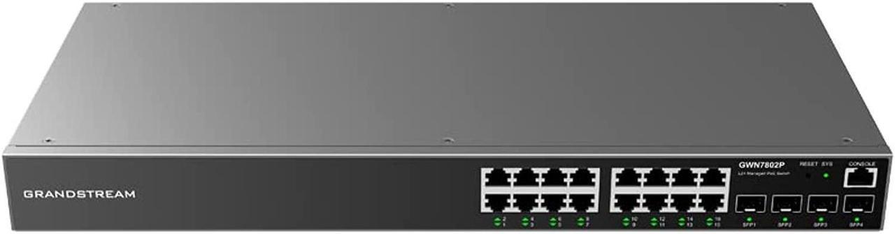 grandstream gwn7802p enterprise layer 2+ managed network switch | 16 gigabit ethernet ports, 4 gigabit sfp ports, 16 poe ports