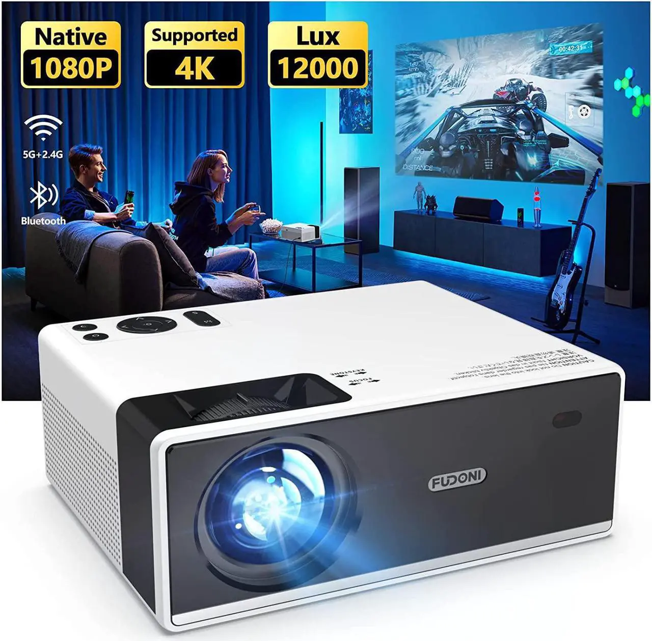 Main image of projector with wifi and bluetooth, 5g wifi 12000l 4k support fhd 1080p portable outdoor projector, 5.1 bluetooth movie video projector, fudoni home theater projector with 400 asin max 300 display