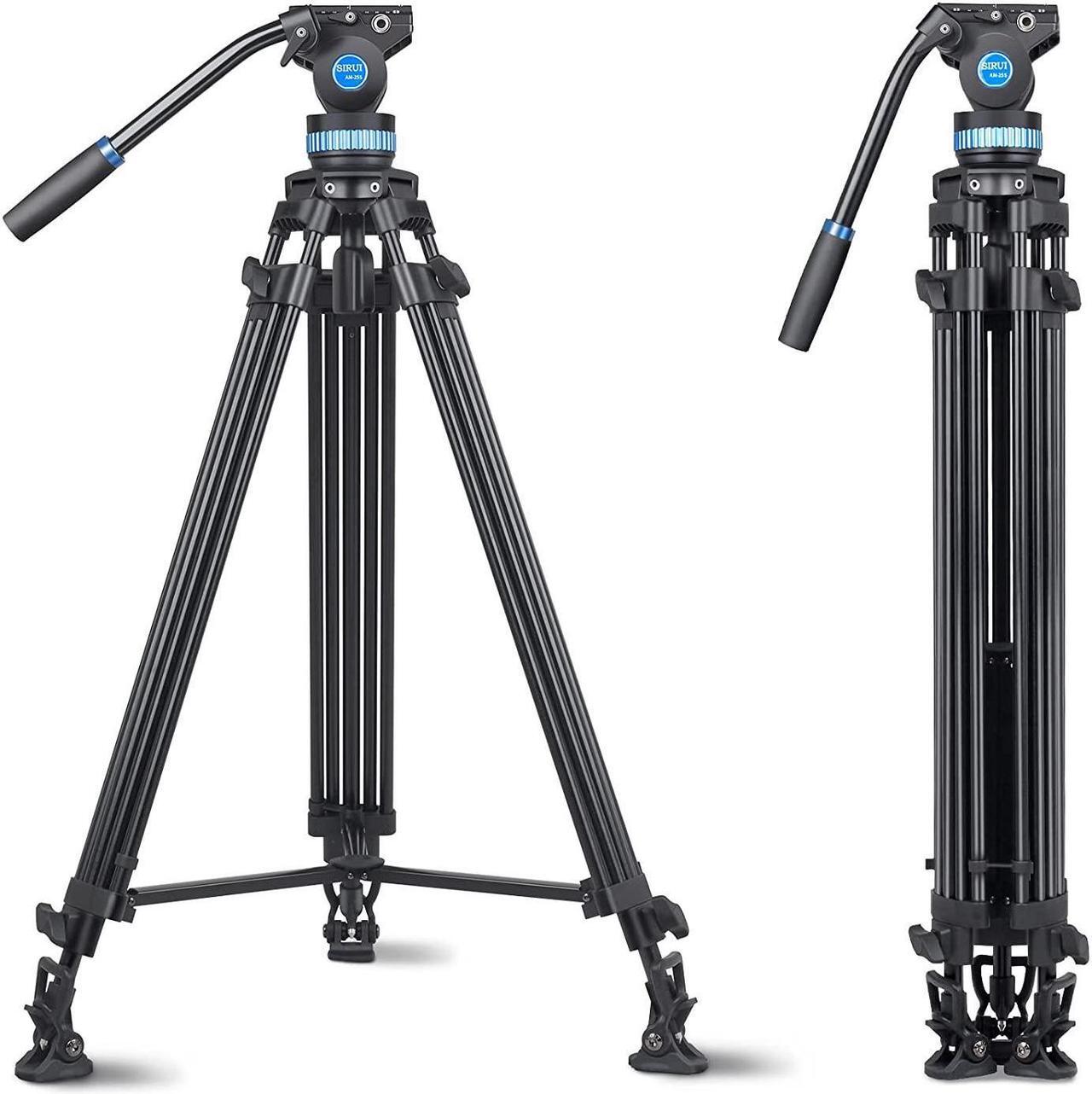 Main image of sirui video tripod am-25s, 74.8 professional heavy duty tripod with fluid head for cameras, telescopic twin legs, middle spreader, 22.0lb load capacity, 1/4 and 3/8 screws