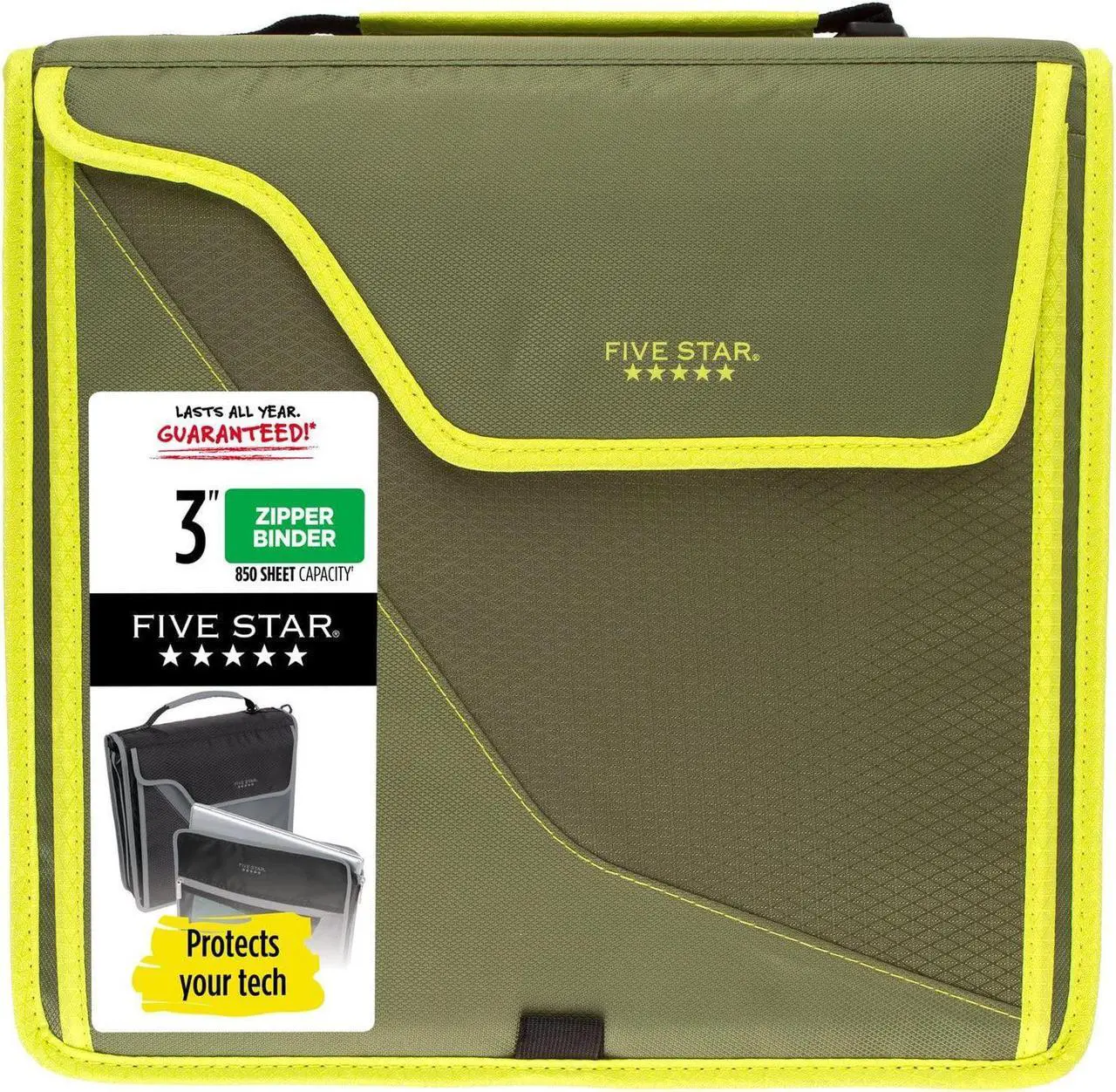 Main image of five star zipper binder, 3 inch 3-ring binder with removable padded case and expanding file, 700 sheet capacity, includes multi-use strap, olive/citrus (292960c) - OEM