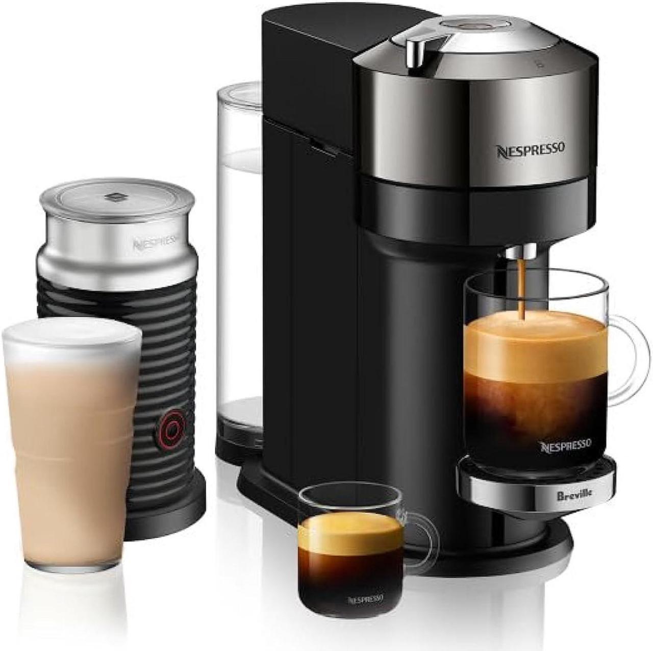 nespresso vertuo next deluxe coffee and espresso maker, pure chrome with aeroccino milk frother,1.1 liter, black