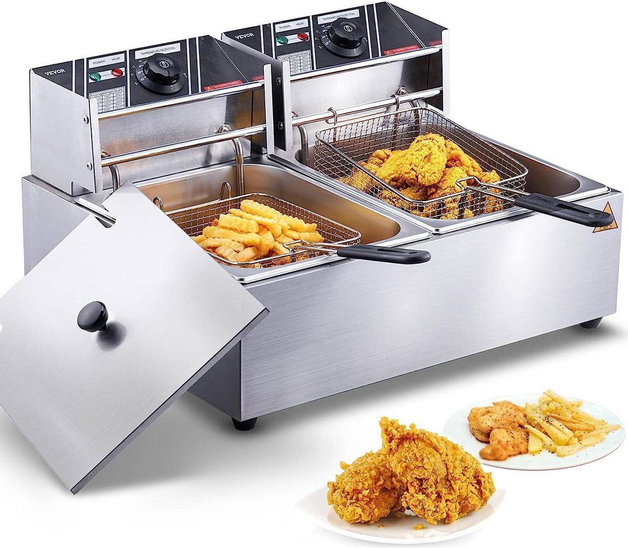 vevor commercial deep fryer electric, 24l large capacity countertop fryer with dual removable basket and lid, 3000w stainless steel dual deep fryers for kitchen, restaurant and commercial use, silver