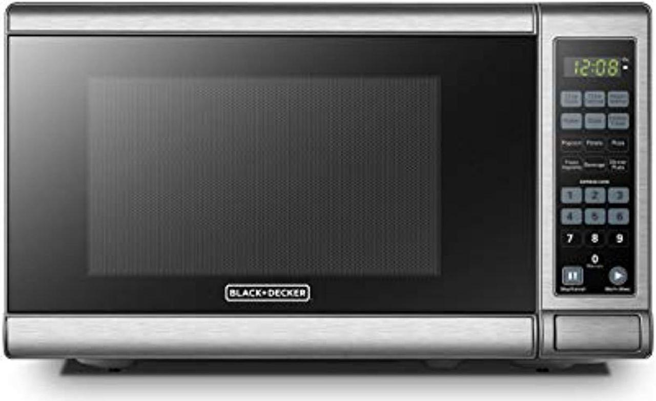 black+decker em720cb7 digital microwave oven with turntable push-button door,child safety lock,700w, stainless steel, 0.7 cu.ft