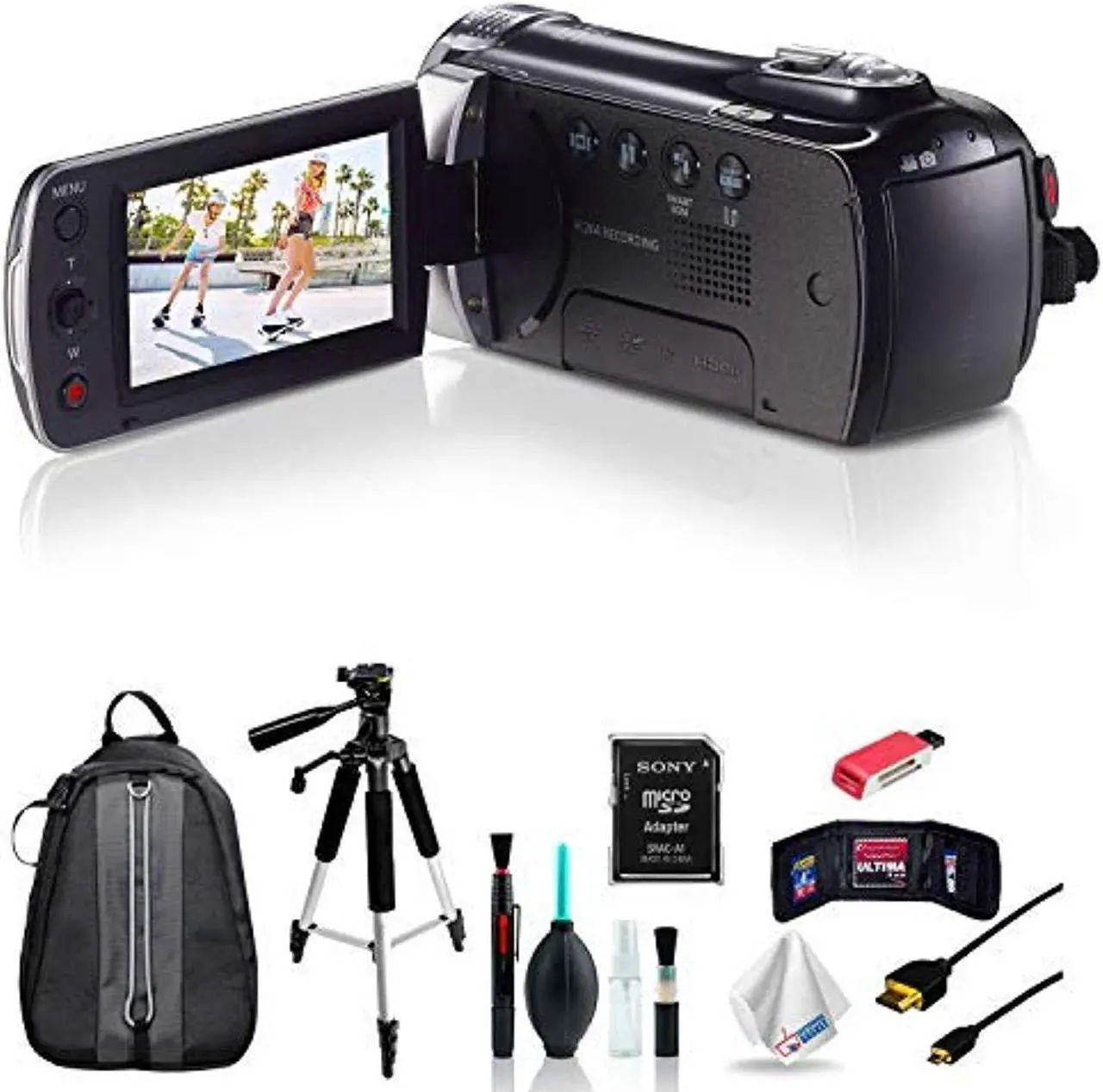 Alt view image 4 of 5 - Samsung HMX-F90 Black Camcorder + Full-Size Aluminum Tripod + Deluxe Padded Backpack with Accessories Bundle