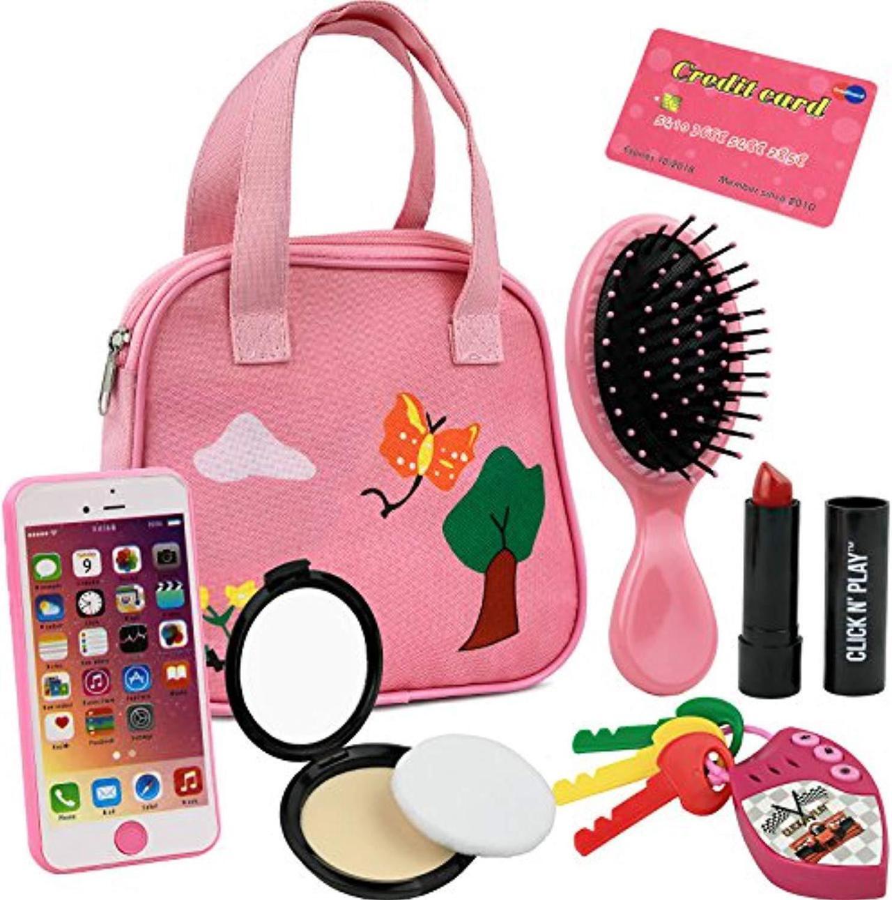 Alt view image 2 of 3 - click n' play 8 piece girls pretend play purse,including a smartphone, car keys, credit card, lipstick, lights up and make real life sounds