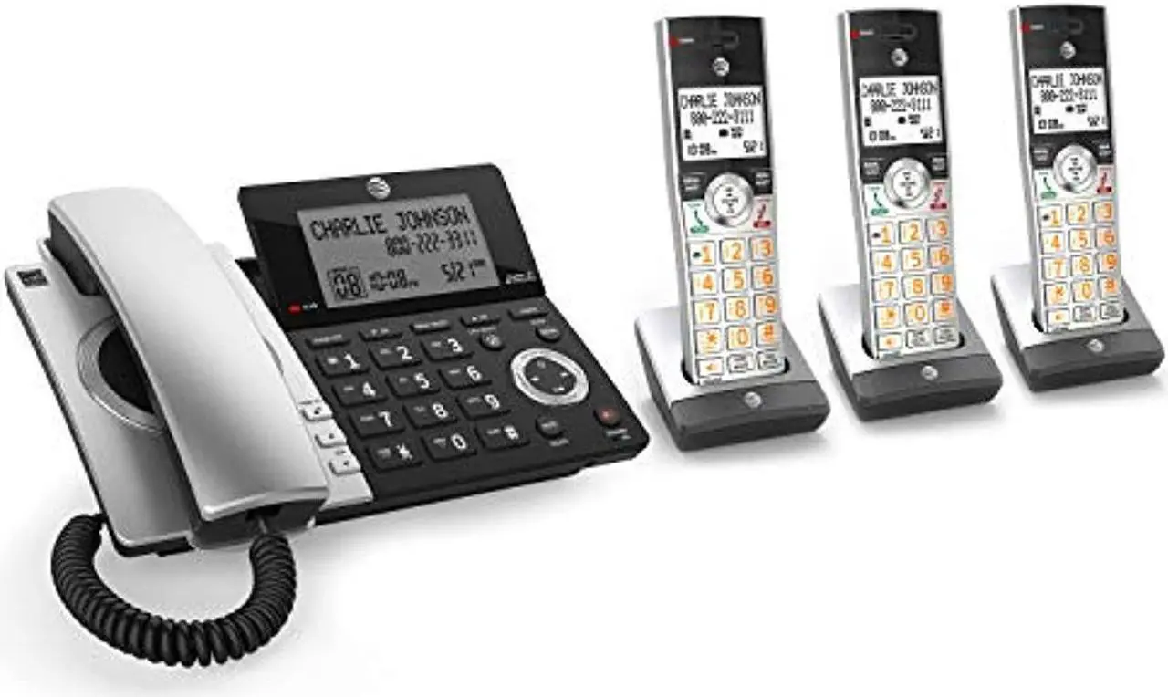 Main image of at&t cl84307 dect 6.0 expandable corded/cordless phone with smart call blocker, silver/black with 3 handsets