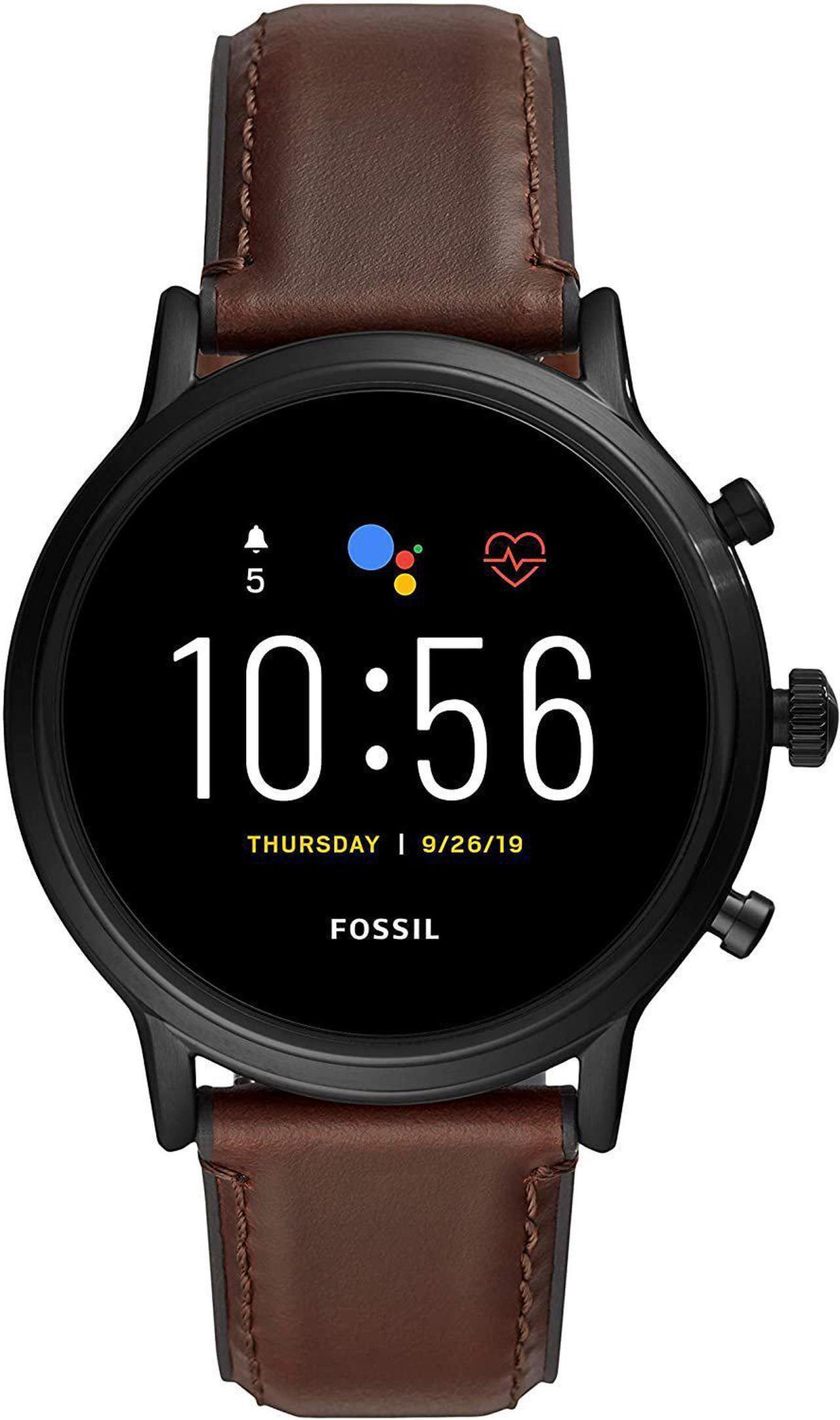 Main image of Fossil Unisex 44MM Gen 5 Carlyle HR Heart Rate Stainless Steel and Leather Touchscreen Smart Watch, Color: Black/Brown (Model: FTW4026)