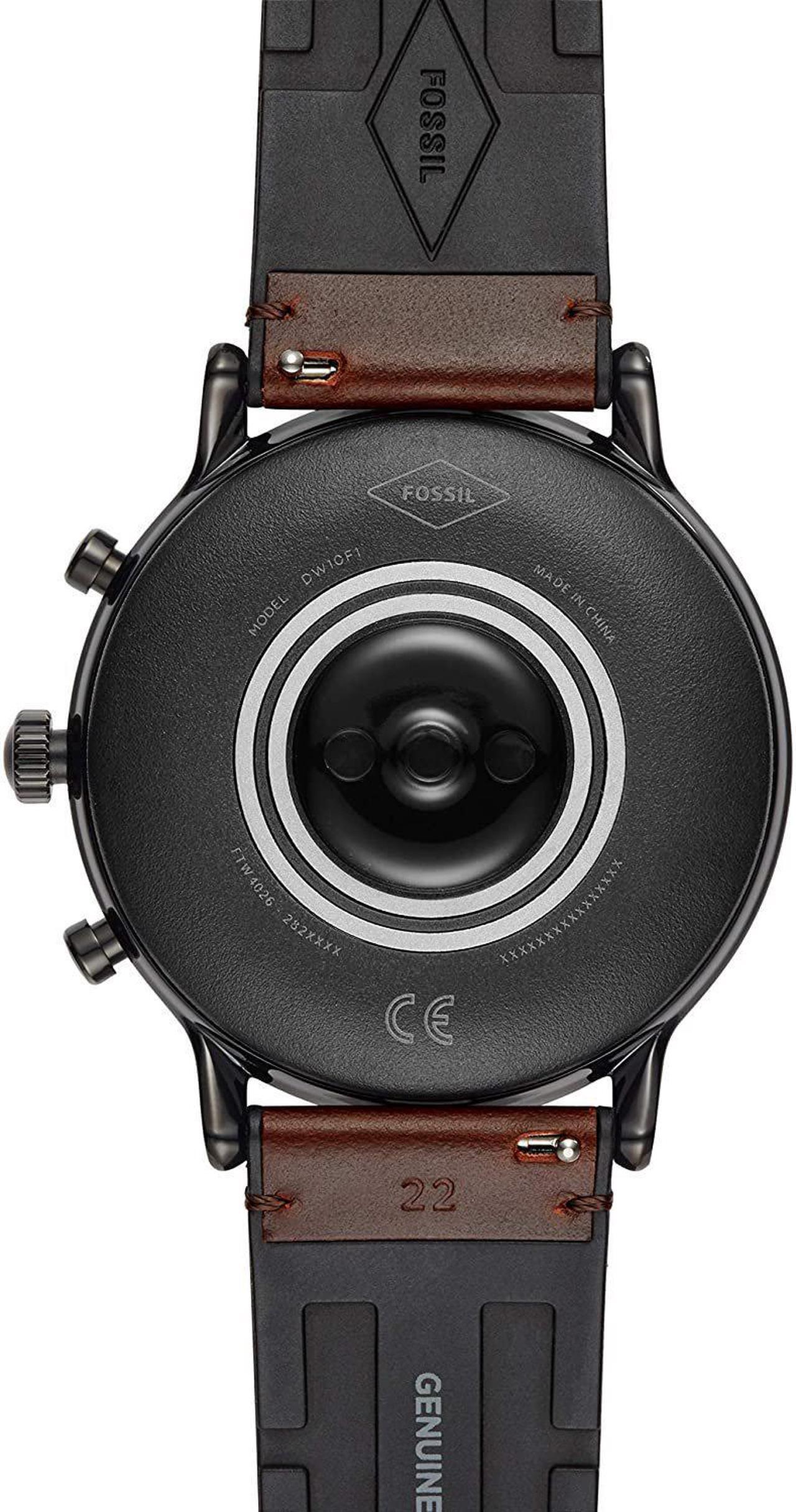 Alt view image 4 of 8 - Fossil Unisex 44MM Gen 5 Carlyle HR Heart Rate Stainless Steel and Leather Touchscreen Smart Watch, Color: Black/Brown (Model: FTW4026)