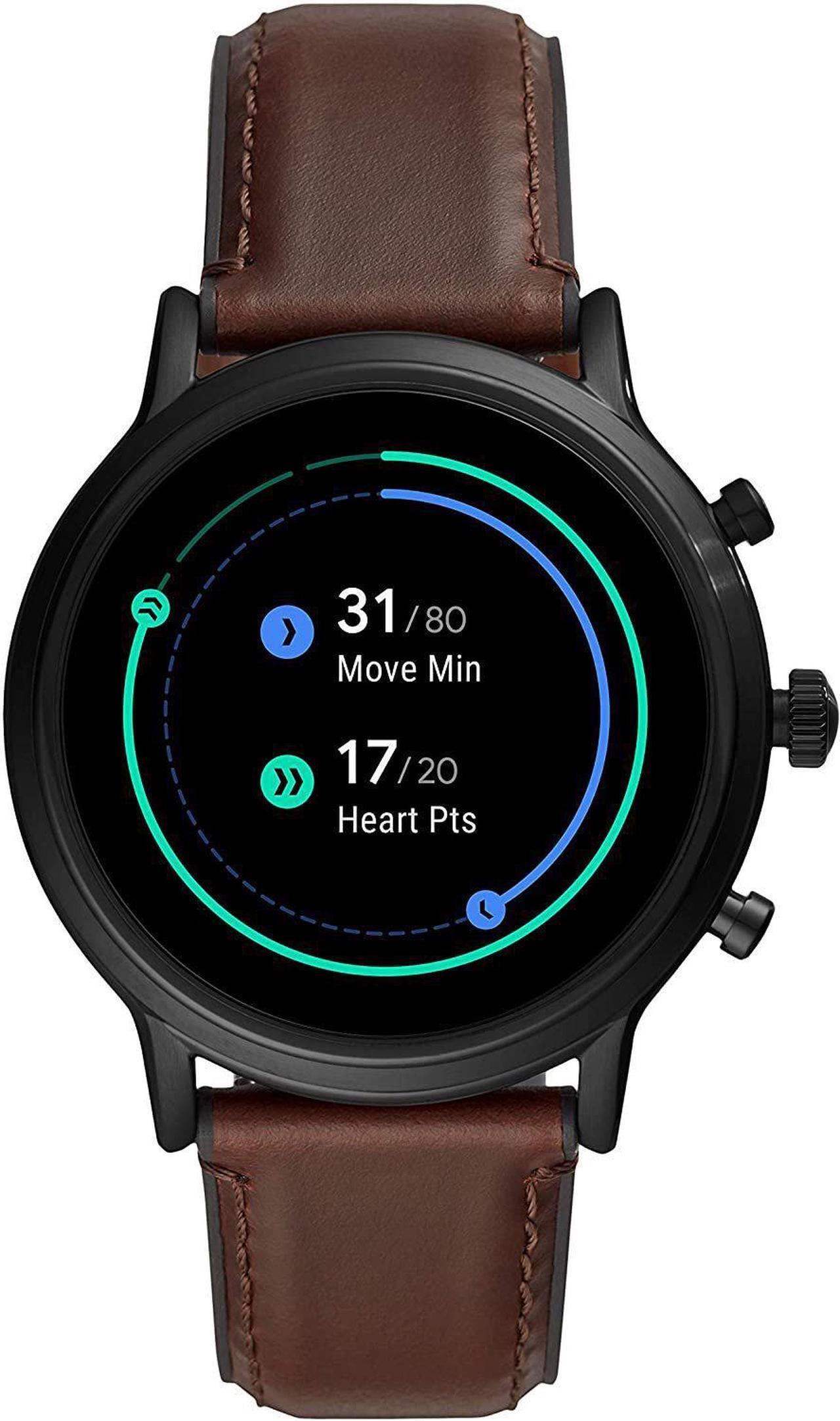 Alt view image 5 of 8 - Fossil Unisex 44MM Gen 5 Carlyle HR Heart Rate Stainless Steel and Leather Touchscreen Smart Watch, Color: Black/Brown (Model: FTW4026)