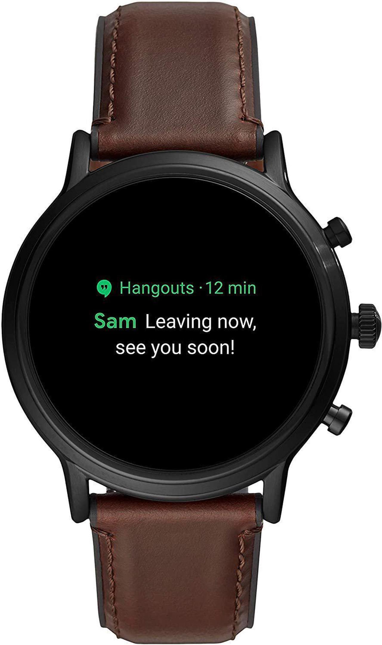Alt view image 7 of 8 - Fossil Unisex 44MM Gen 5 Carlyle HR Heart Rate Stainless Steel and Leather Touchscreen Smart Watch, Color: Black/Brown (Model: FTW4026)