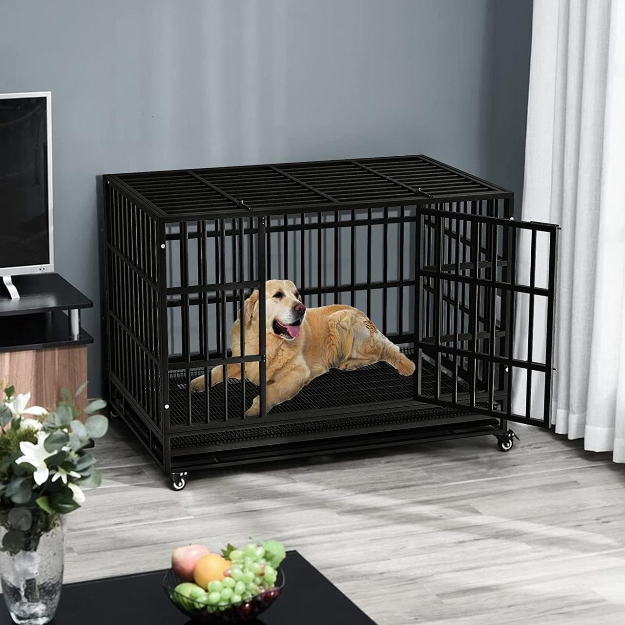 Alt view image 2 of 7 - BOSSIN 48/38 inch Heavy Duty Indestructible Dog Crate, Escape Proof Dog cage Kennel with Lockable Wheels,high Anxiety Double Door Dog Crate,Extra Large Crate Indoor for Large Dog with Removable Tray