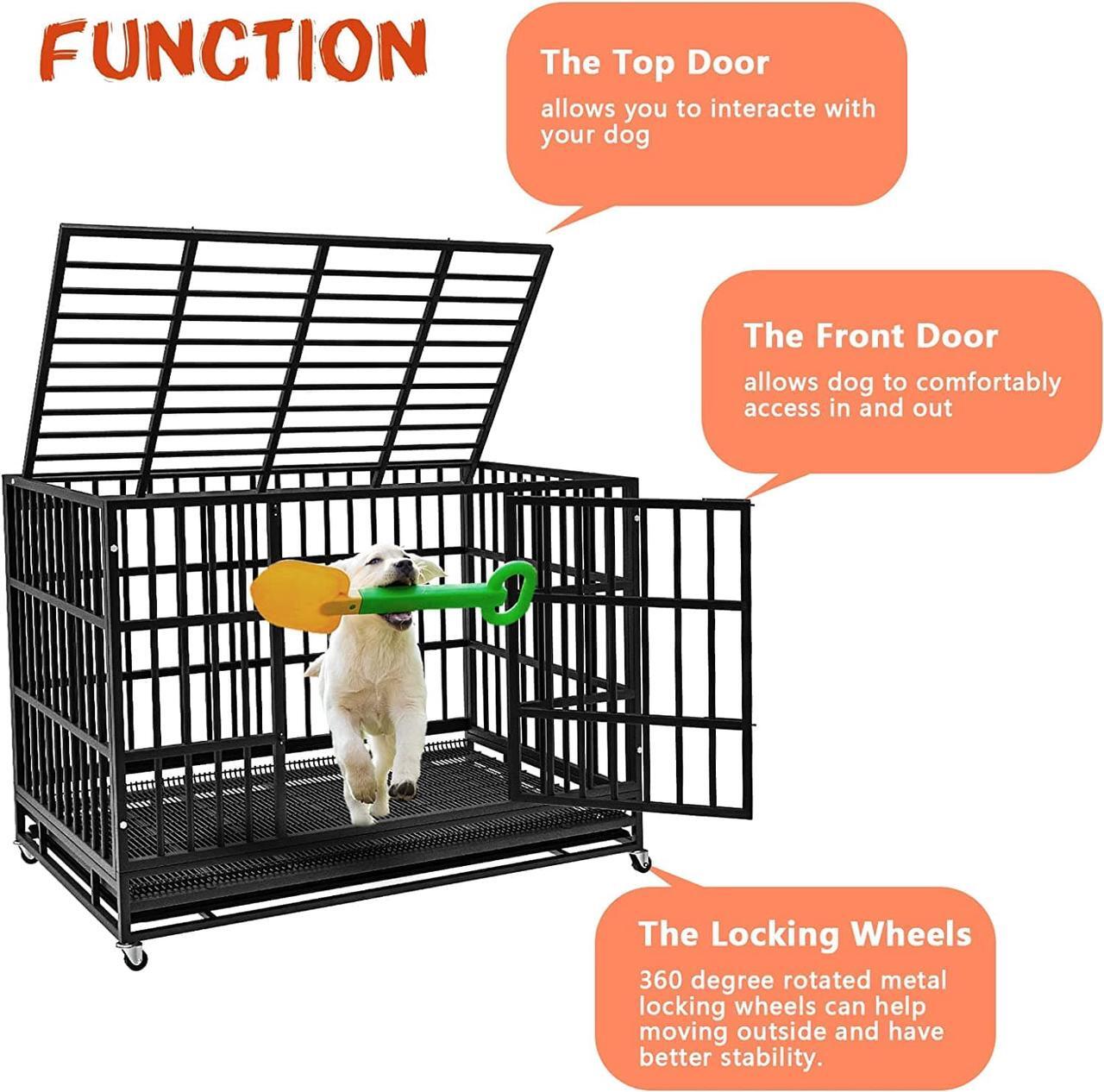 Alt view image 4 of 7 - BOSSIN 48/38 inch Heavy Duty Indestructible Dog Crate, Escape Proof Dog cage Kennel with Lockable Wheels,high Anxiety Double Door Dog Crate,Extra Large Crate Indoor for Large Dog with Removable Tray