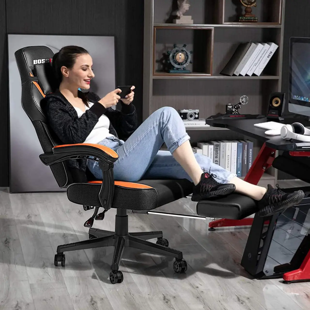 Alt view image 2 of 7 - Bossin Video Game Chairs with footrest,Gamer Chair for Adults,Big and Tall Gaming Chair 400lb Capacity,Gaming Chairs for Teens,Racing Style Gaming Computer Chair with Headrest and Lumbar Support