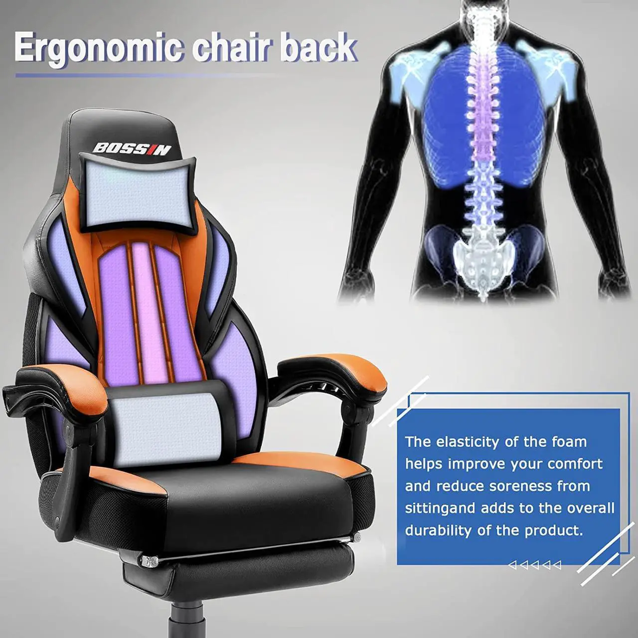 Alt view image 4 of 7 - Bossin Video Game Chairs with footrest,Gamer Chair for Adults,Big and Tall Gaming Chair 400lb Capacity,Gaming Chairs for Teens,Racing Style Gaming Computer Chair with Headrest and Lumbar Support