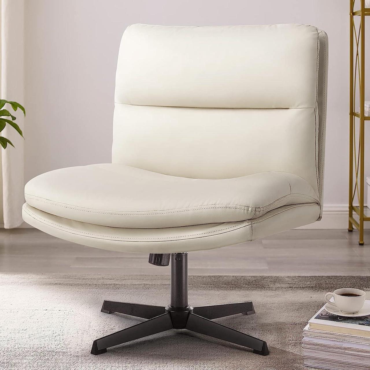 Main image of BOSSIN Armless Office Desk Chair No Wheels,PU Leather Criss Cross Legged Chair for Home Office,Modern Swivel Vanity Chair,Mid-Back Computer Chair,Height Adjustable Wide Seat Task Chair