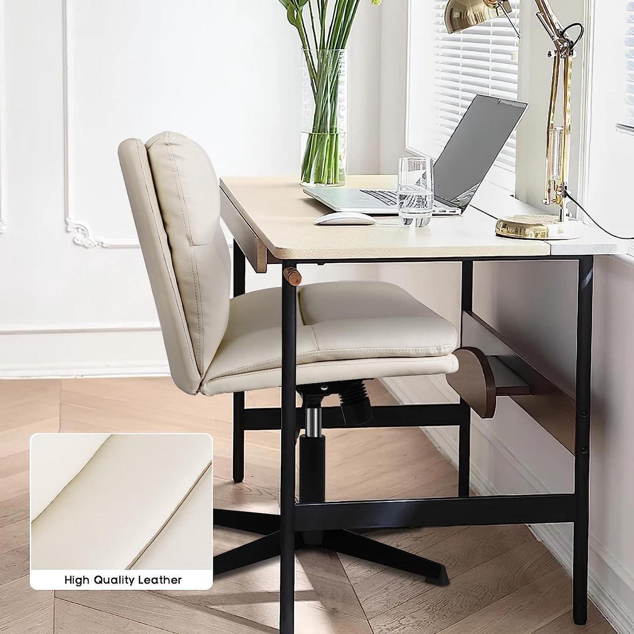 Alt view image 6 of 7 - BOSSIN Armless Office Desk Chair No Wheels,PU Leather Criss Cross Legged Chair for Home Office,Modern Swivel Vanity Chair,Mid-Back Computer Chair,Height Adjustable Wide Seat Task Chair