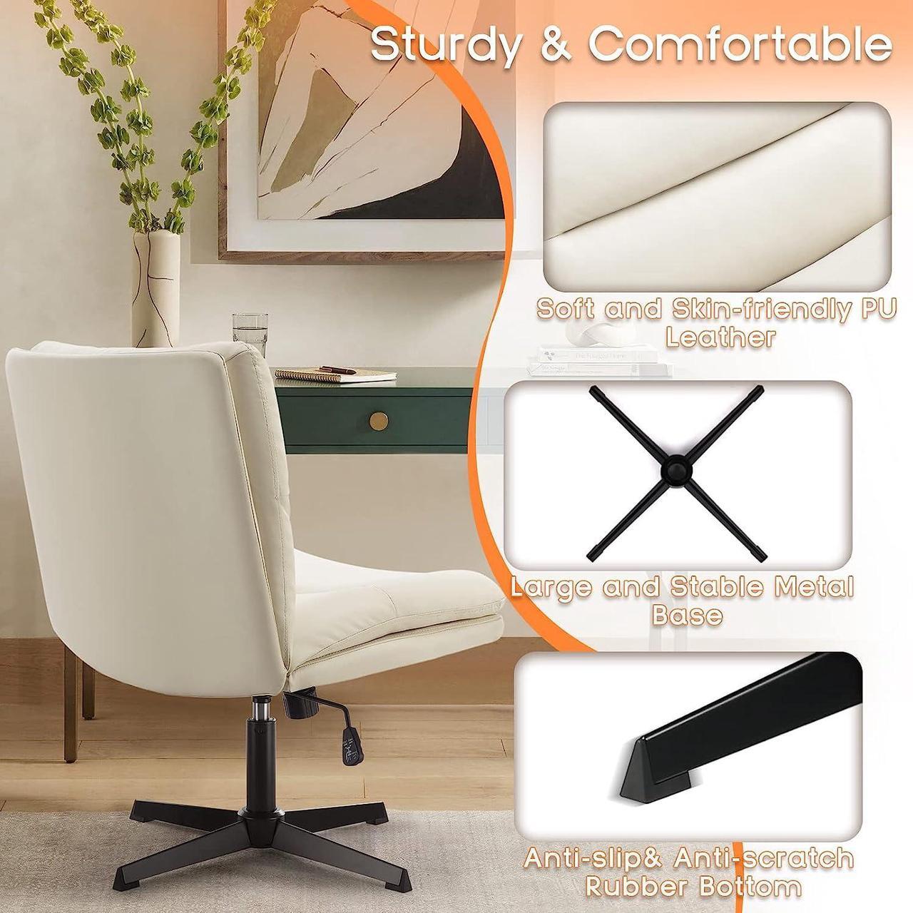 Alt view image 4 of 7 - BOSSIN Armless Office Desk Chair No Wheels,PU Leather Criss Cross Legged Chair for Home Office,Modern Swivel Vanity Chair,Mid-Back Computer Chair,Height Adjustable Wide Seat Task Chair