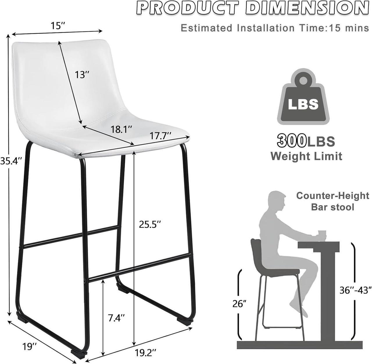 Alt view image 7 of 7 - BOSSIN Counter Height Bar Stools Set of 2,Barstools with Back,Faux Leather Counter Stools for Kitchen Island,Modern Bar Chairs with Metal Legs(White, 26")