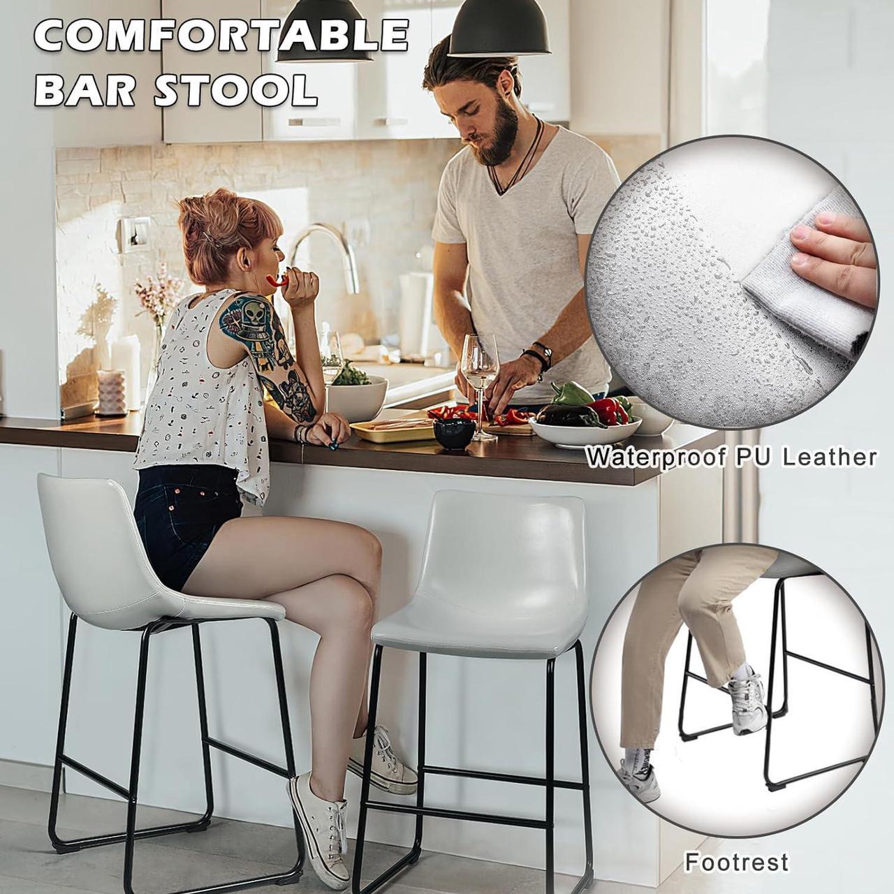 Alt view image 4 of 7 - BOSSIN Counter Height Bar Stools Set of 2,Barstools with Back,Faux Leather Counter Stools for Kitchen Island,Modern Bar Chairs with Metal Legs(White, 26")