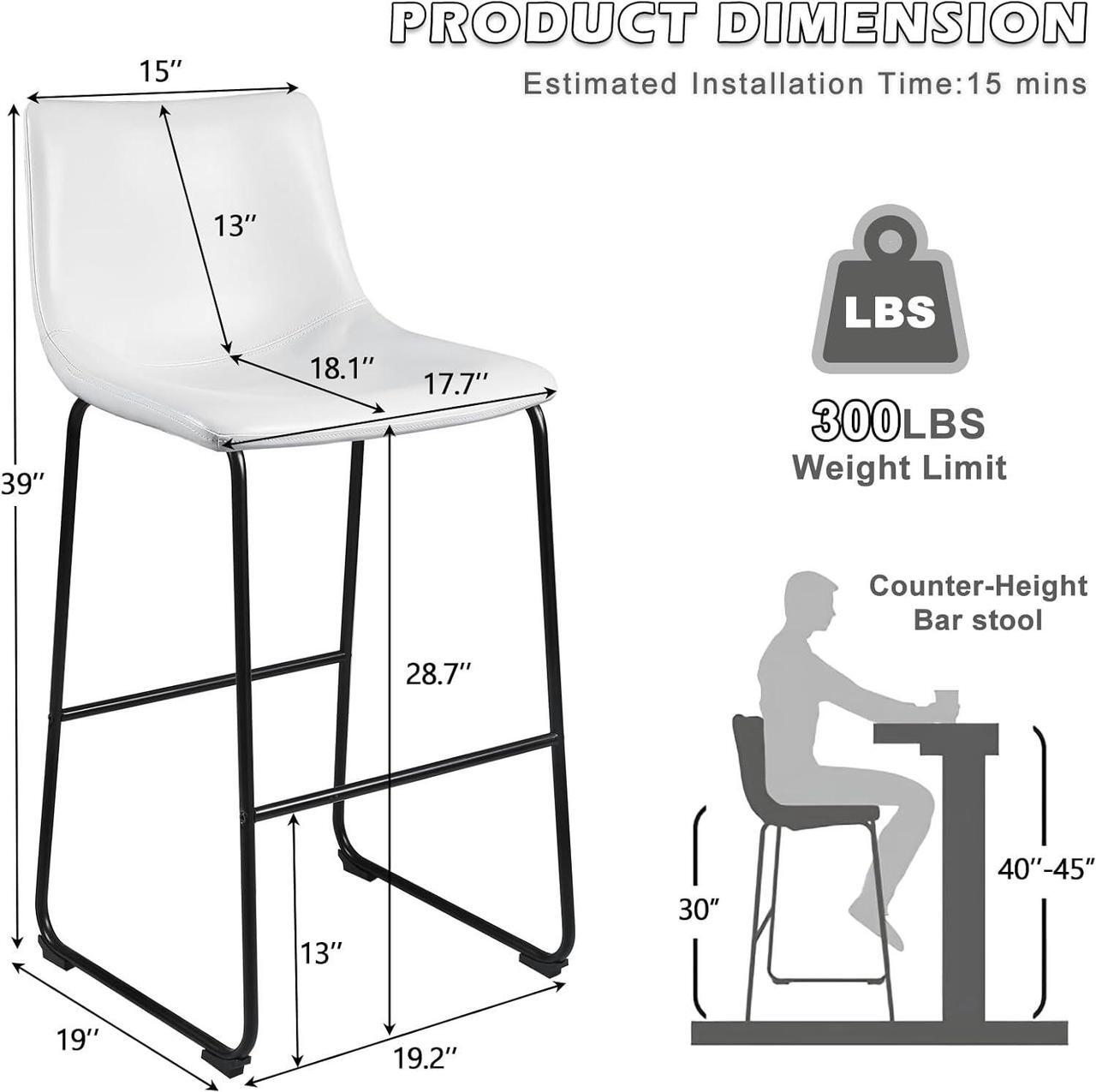 Alt view image 7 of 7 - BOSSIN Counter Height Bar Stools Set of 2,Barstools with Back,Faux Leather Counter Stools for Kitchen Island,Modern Bar Chairs with Metal Legs (White, 30")