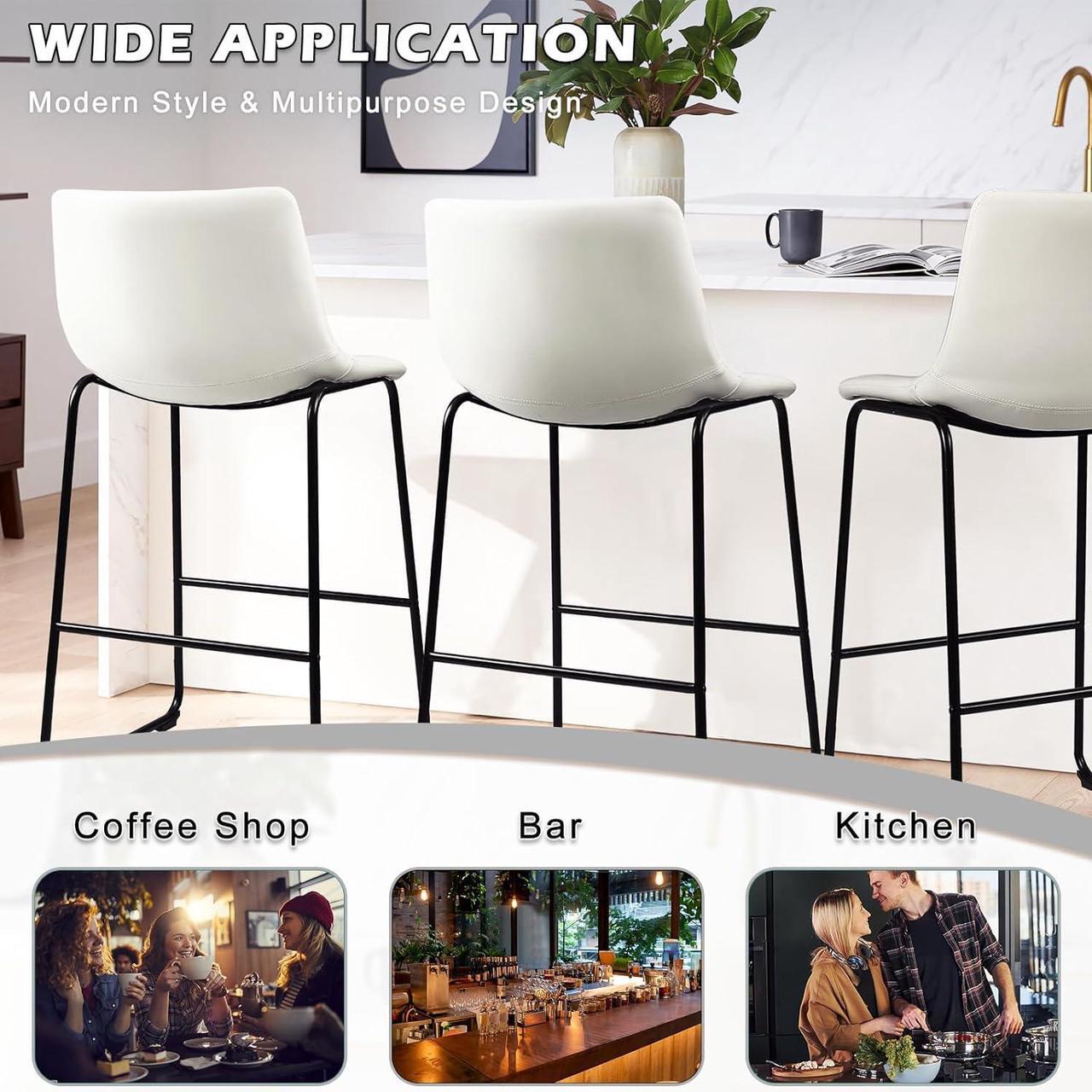 Alt view image 3 of 7 - BOSSIN Counter Height Bar Stools Set of 2,Barstools with Back,Faux Leather Counter Stools for Kitchen Island,Modern Bar Chairs with Metal Legs (White, 30")