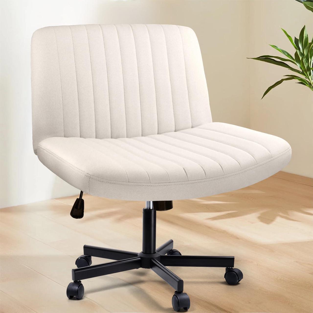 Main image of BOSSIN Cross Chair with Wheels, Cross Legged Office Vanity Chair with Wheels, Comfortable Beige Vanity Chair with Back, Armless Fabric Adjustable Wide Swivel Criss Cross Desk Chair for Home Office