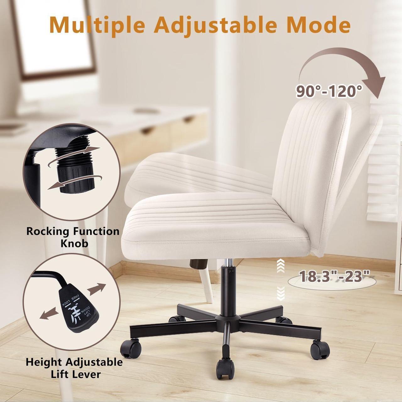 Alt view image 3 of 7 - BOSSIN Cross Chair with Wheels, Cross Legged Office Vanity Chair with Wheels, Comfortable Beige Vanity Chair with Back, Armless Fabric Adjustable Wide Swivel Criss Cross Desk Chair for Home Office
