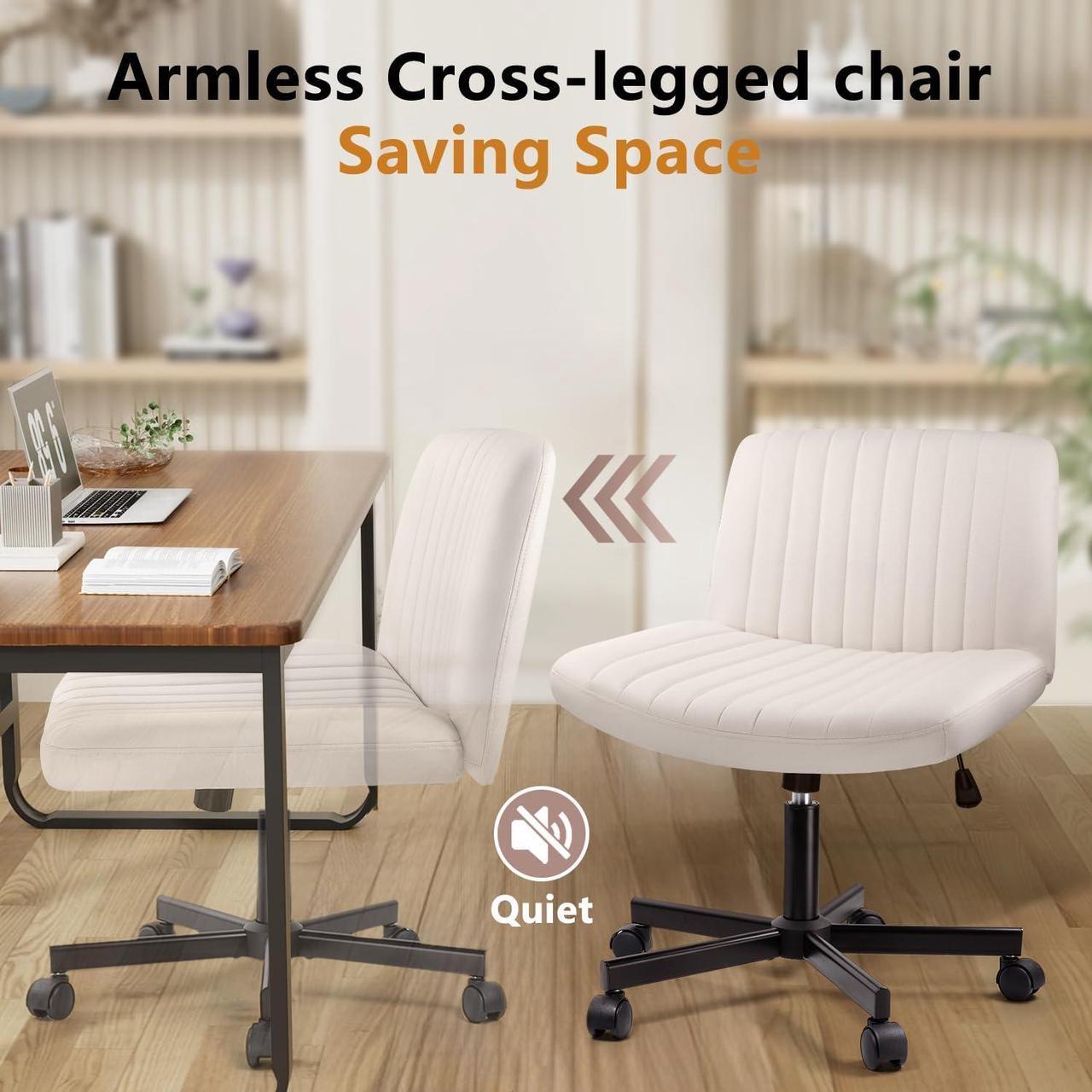 Alt view image 6 of 7 - BOSSIN Cross Chair with Wheels, Cross Legged Office Vanity Chair with Wheels, Comfortable Beige Vanity Chair with Back, Armless Fabric Adjustable Wide Swivel Criss Cross Desk Chair for Home Office
