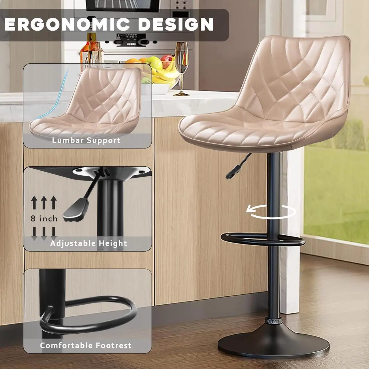 Alt view image 2 of 7 - BOSSIN Adjustable Swivel Bar Stools Set of 2, Counter Height PU Leather Bar Stool with Back and footrest, Modern Upholstered Pub Bar Stools for Kitchen Island, 350 LBS Capacity
