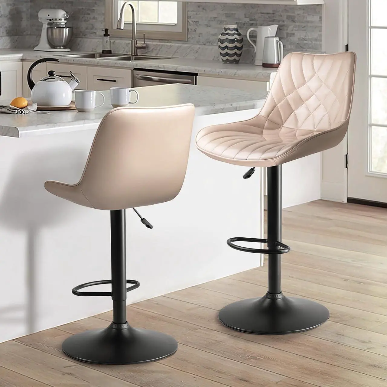Alt view image 6 of 7 - BOSSIN Adjustable Swivel Bar Stools Set of 2, Counter Height PU Leather Bar Stool with Back and footrest, Modern Upholstered Pub Bar Stools for Kitchen Island, 350 LBS Capacity