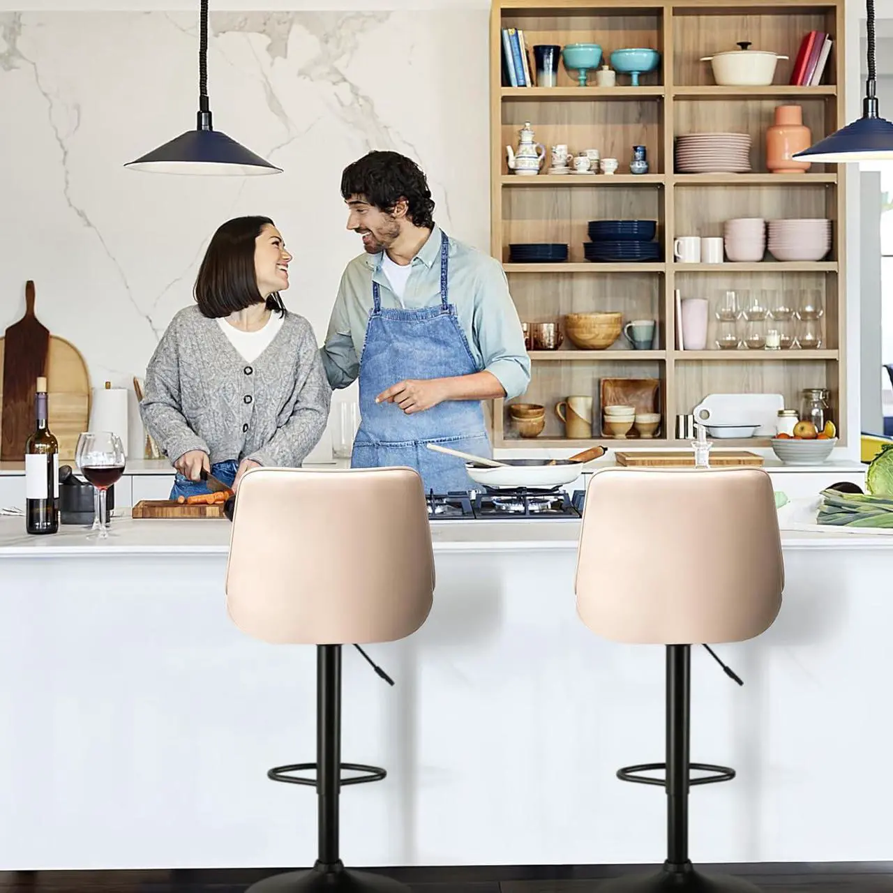 Alt view image 5 of 7 - BOSSIN Adjustable Swivel Bar Stools Set of 2, Counter Height PU Leather Bar Stool with Back and footrest, Modern Upholstered Pub Bar Stools for Kitchen Island, 350 LBS Capacity