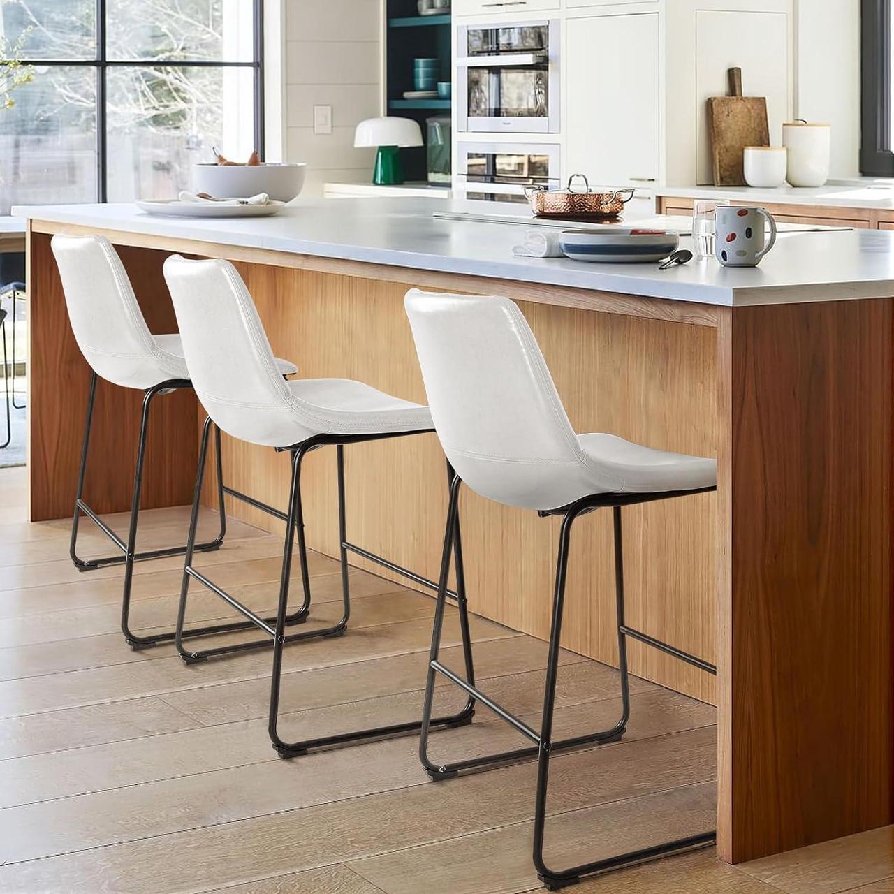 Alt view image 4 of 6 - BOSSIN 26 inch Bar Stools Set of 4, Modern Counter Height Bar Stools, Faux Leather Barstool with Back and Metal Leg, Armless Bar Chairs for Kitchen Island (White, 4pcs 26")