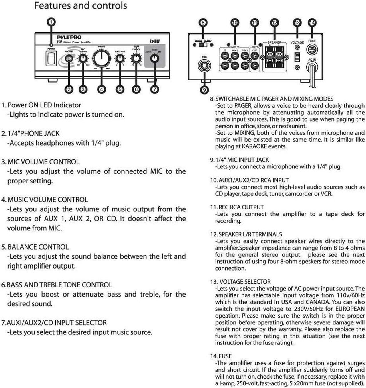 Alt view image 4 of 20 - Home Audio Power Amplifier System - 2X40W Mini Dual Channel Mixer Sound Stereo Receiver Box w/ AUX, Mic Input - For Amplified Speakers, PA, CD Player, Theater via RCA, Studio Use - Pyle PTA2