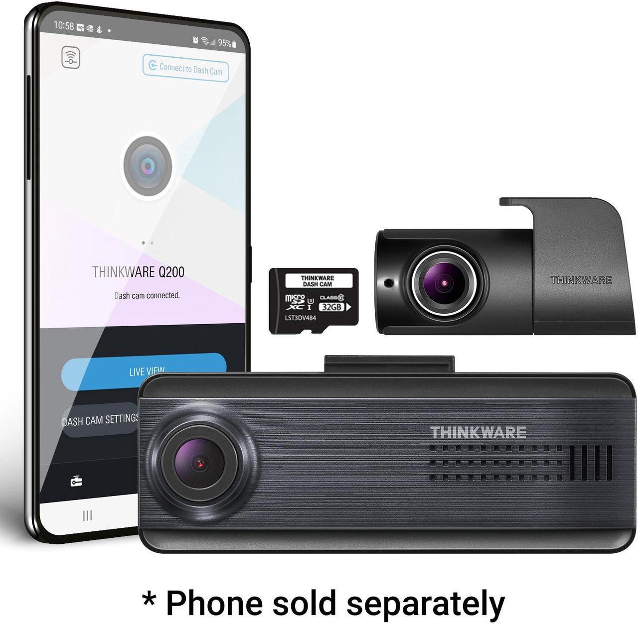 THINKWARE Q200 2CH Dash Cam 2K Front 1080P Rear Car Dashboard Camera, WiFi, WDR, Speed Red Light Alerts, ADAS, 256GB Max, Parking Monitor, Night Vision (32GB MicroSD, 12V Cigar, Hardwiring Cable, GPS)