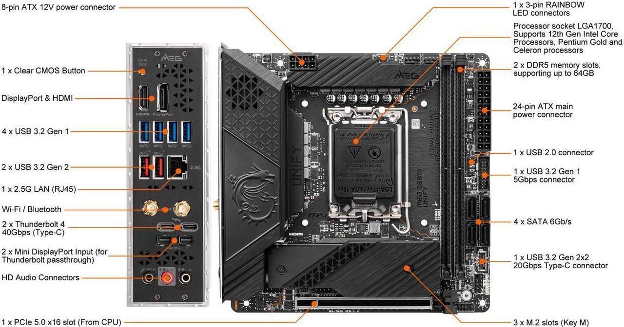 Alt view image 6 of 6 - MSI MEG Z690I UNIFY DDR5 LGA 1700 Intel Z690 SATA 6Gb/s Mini ITX Intel Motherboard