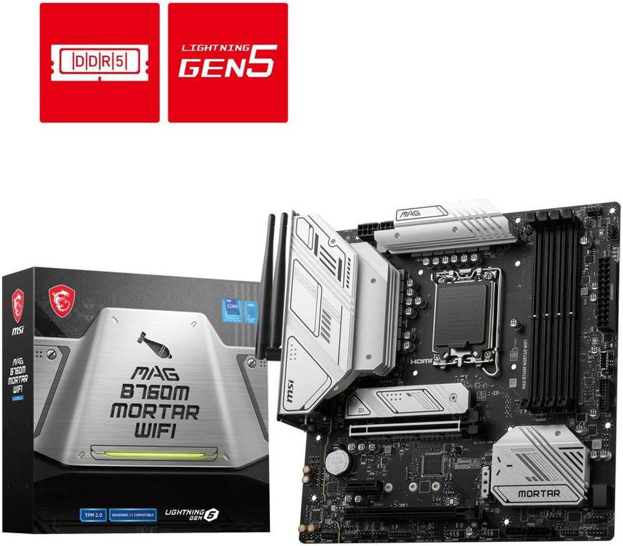 MSI MAG B760M MORTAR WIFI LGA 1700 (Intel12th&13th Gen) SATA 6Gb/s Micro ATX Motherboard (PCIe 5.0, DDR5,2xM.2 Slots,WiFi 6,Intel ® 2.5Gb LAN)