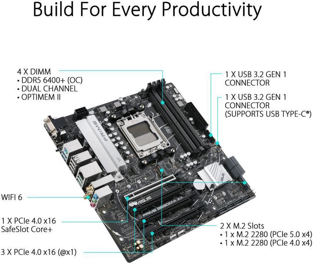 Alt view image 4 of 5 - ASUS Prime B650M-A AX AMD B650(Ryzen 7000) Micro-ATX motherboard(DDR5, PCIe 5.0 M.2 support, 2.5Gb Ethernet, Wi-Fi 6, DisplayPort, HDMI ,USB 3.2 Gen 2 ports, front USB 3.2 Gen 1 Type-C)