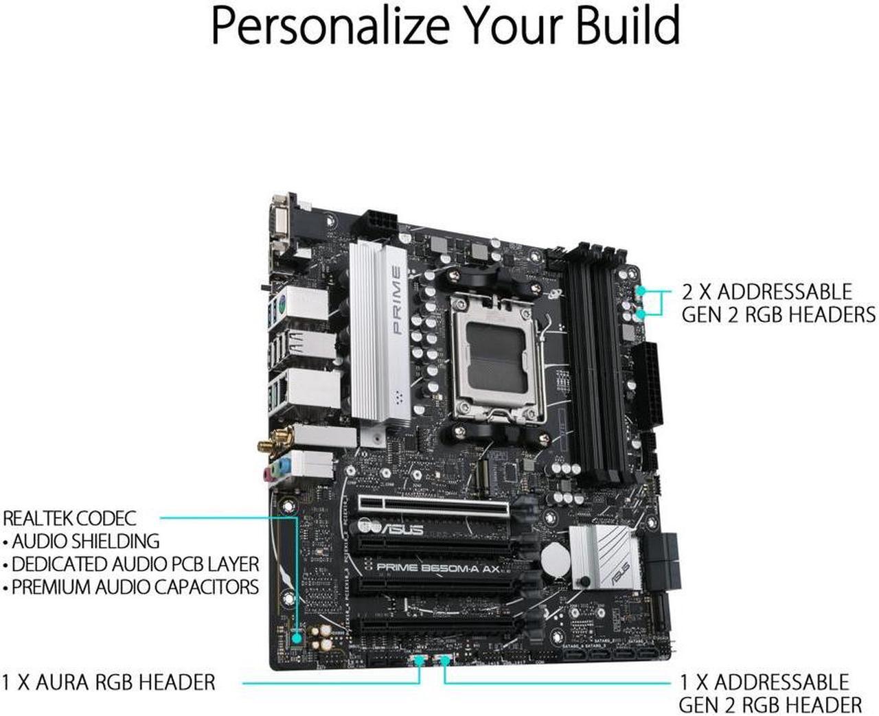 Alt view image 5 of 5 - ASUS Prime B650M-A AX AMD B650(Ryzen 7000) Micro-ATX motherboard(DDR5, PCIe 5.0 M.2 support, 2.5Gb Ethernet, Wi-Fi 6, DisplayPort, HDMI ,USB 3.2 Gen 2 ports, front USB 3.2 Gen 1 Type-C)