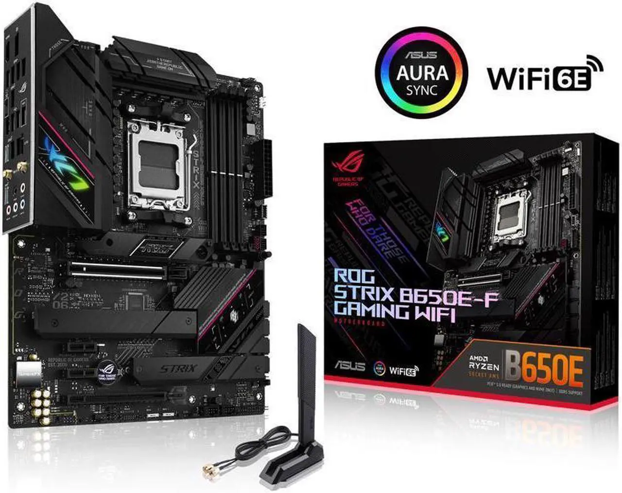 Main image of ASUS ROG STRIX B650E-F GAMING WiFi Socket AM5 (LGA 1718) Ryzen 7000 gaming motherboard(12 + 2 power stages, DDR5, three M.2 slots, PCIe 5.0, WiFi 6E, 2.5G LAN, USB 3.2 Gen 2x2 Type-C® port)