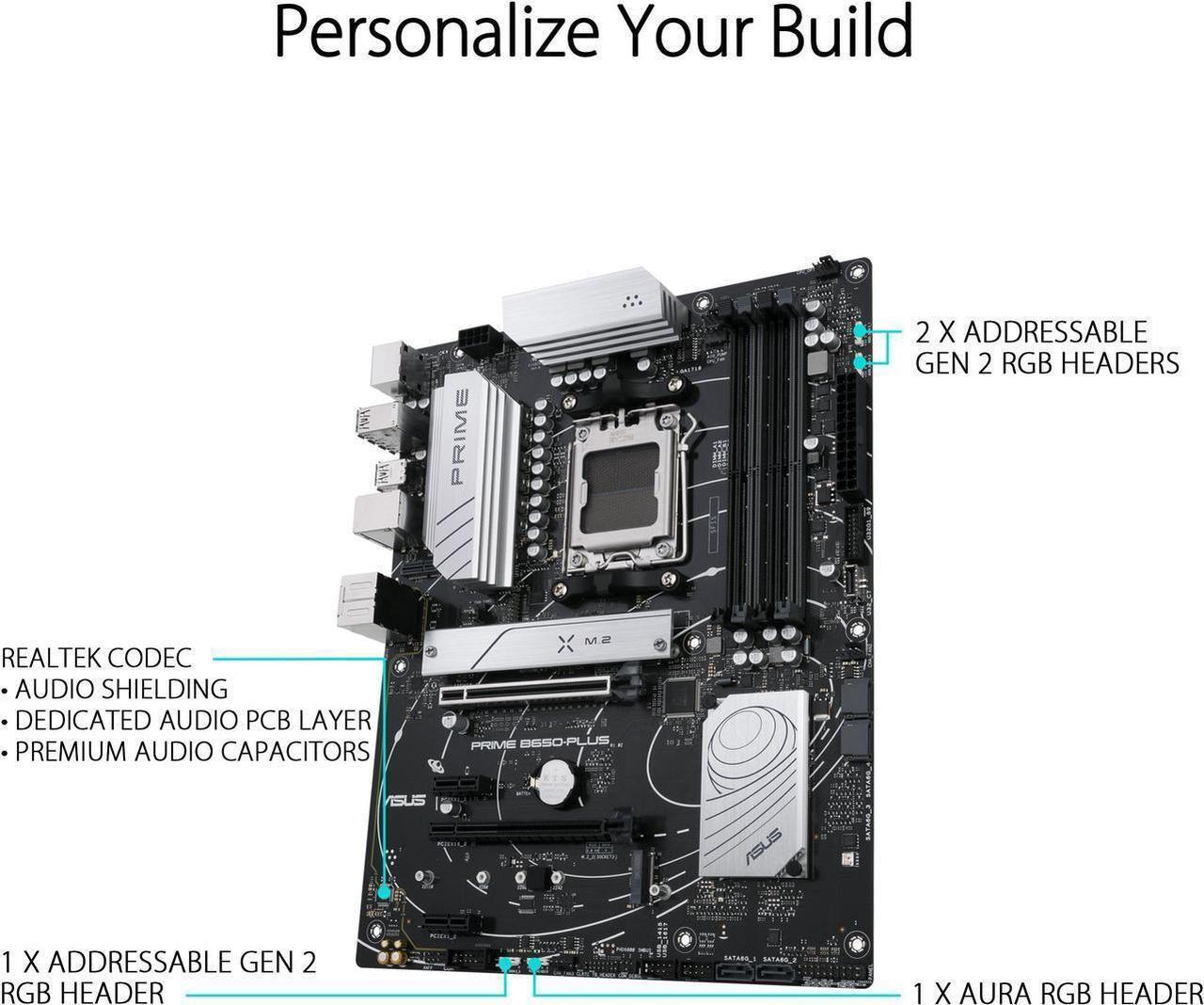 Alt view image 3 of 5 - ASUS PRIME B650-PLUS AMD B650 AM5 Ryzen Desktop 9000 8000 and 7000 ATX motherboard, DDR5, PCIe 5.0 M.2, 2.5Gb LAN, DP, HDMI®, SATA 6Gbps, USB 3.2 Gen 2 & 1 Type-C®, BIOS FlashBack, USB4® support