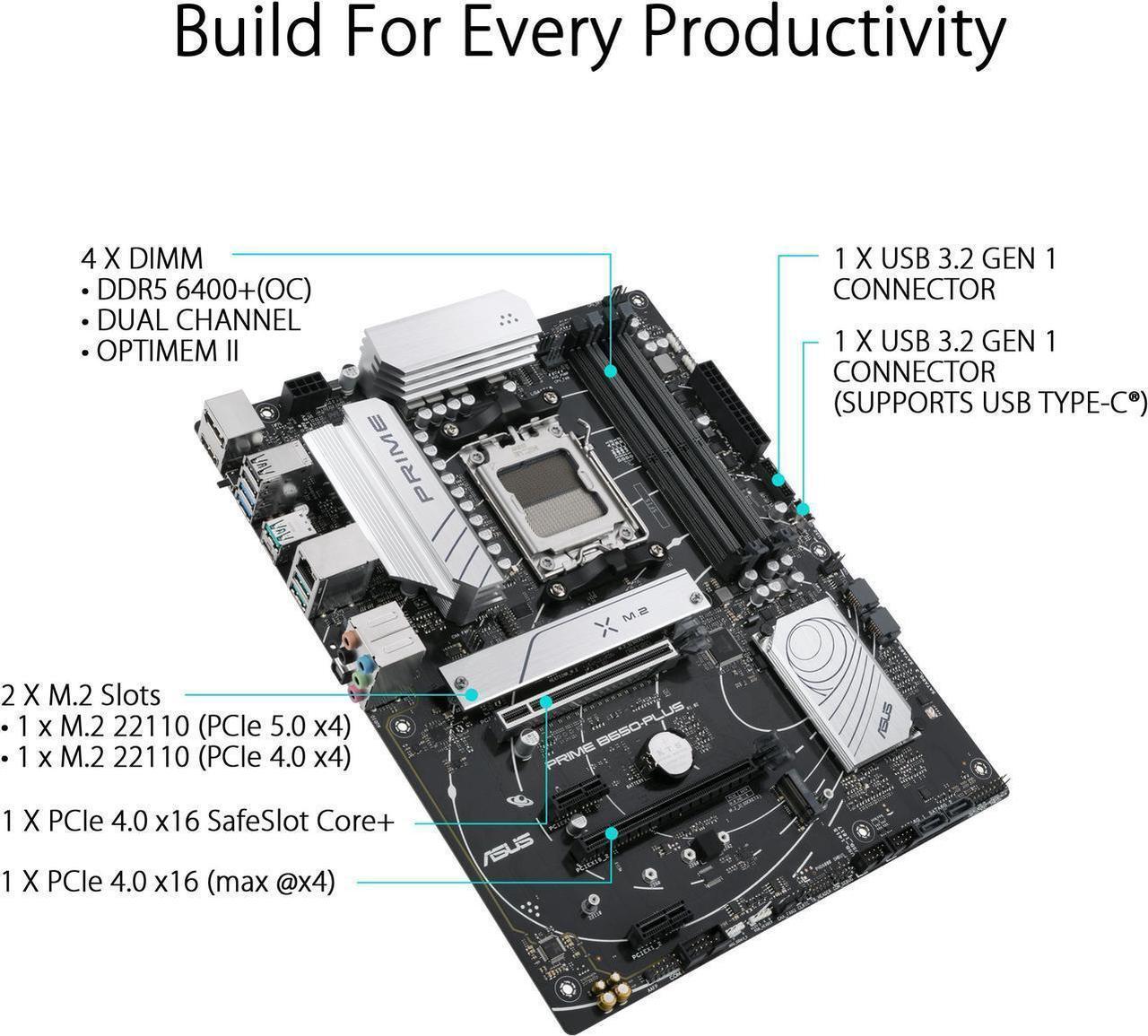 Alt view image 4 of 5 - ASUS PRIME B650-PLUS AMD B650 AM5 Ryzen Desktop 9000 8000 and 7000 ATX motherboard, DDR5, PCIe 5.0 M.2, 2.5Gb LAN, DP, HDMI®, SATA 6Gbps, USB 3.2 Gen 2 & 1 Type-C®, BIOS FlashBack, USB4® support
